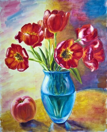Still life with tulips and peach, oil painting on canvas